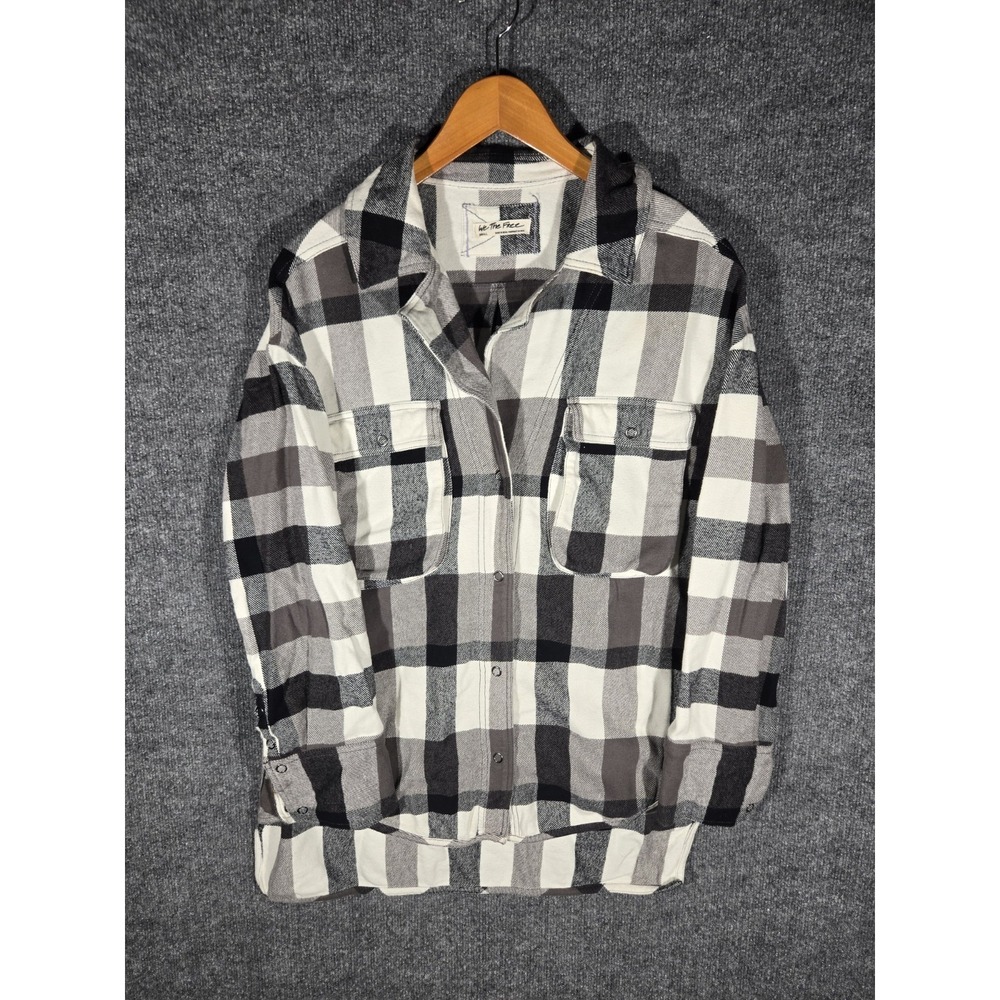 We The Free Free People Small Buffalo Plaid Shirt Jacket Black Gray Oversized
